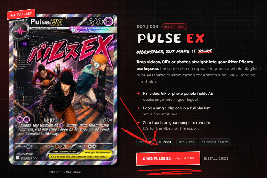Pulse plugins page with the red Grab Pulse ex download button highlighted