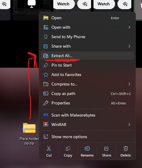 Windows 11 right-click menu on the ZIP with Extract All highlighted