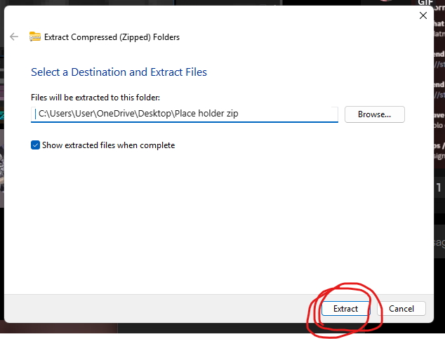 Windows Extract Compressed Folders dialog with the Extract button highlighted