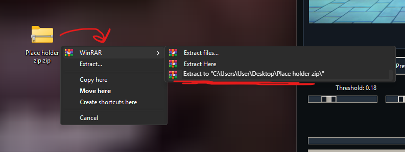 WinRAR right-click menu showing Extract Here as an alternative