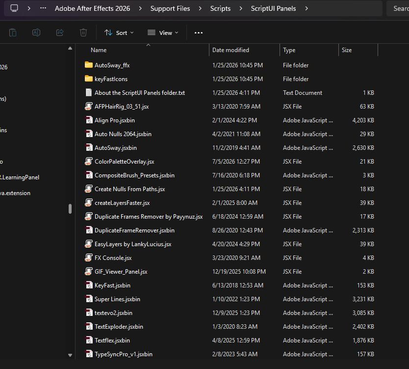 Windows Explorer showing the After Effects Scripts ScriptUI Panels folder with plugin files inside
