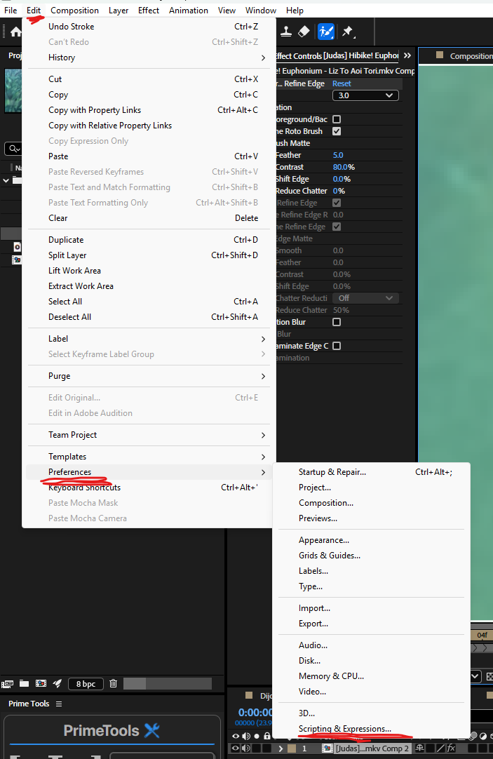 After Effects Edit menu open, Preferences → Scripting & Expressions highlighted