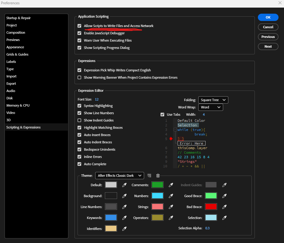 Preferences dialog with Allow Scripts to Write Files and Access Network ticked